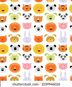 Seamless vector pattern with animal faces - lion, dog, fox, bear, rabbit