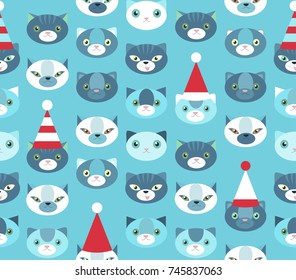 Seamless vector pattern with animal faces  on white background