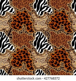 Seamless vector pattern with animal print spots. Tiger stripes, leopard spots, reptile skin. Safari textile collection.