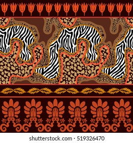 Seamless vector pattern with animal prints and ancient geometrical ornaments. Zebra and leopard spots, palmette border and lotus flowers. Safari textile collection.