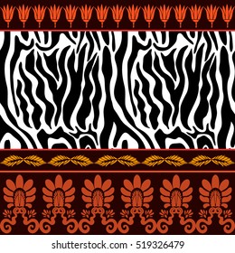Seamless vector pattern with animal prints and ancient geometrical ornaments. Zebra stripes, palmette border and lotus flowers. Safari textile collection.