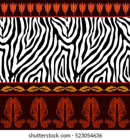 Seamless vector pattern with animal prints and ancient geometrical ornaments. Zebra stripes, leaves border and lotus flowers. Safari textile collection.