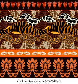 Seamless vector pattern with animal prints and ancient geometrical ornaments. Zebra and leopard spots, geometric border and lotus flowers. Safari textile collection.