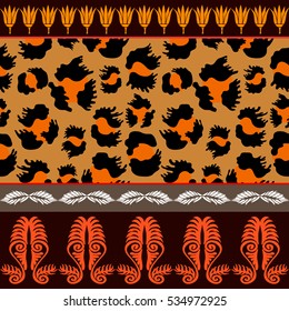 Seamless vector pattern with animal prints and ancient geometrical ornaments. Leopard spots, floral border and lotus flowers. Safari textile collection.