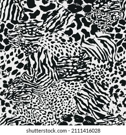 seamless vector pattern of animal skin patchwork, leopard, zebra, giraffe. 