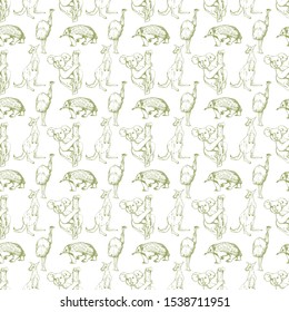 Seamless vector pattern with animals of Australia. Hand-drawn, linear graphics. For ornaments, factories, textiles, wallpaper, packaging, design, fabrics.