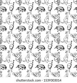 Seamless vector pattern with animals of Australia. Hand-drawn, linear graphics. For ornaments, factories, textiles, wallpaper, packaging, design, fabrics.