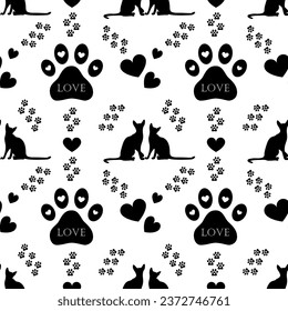 Seamless vector pattern with animals. Pattern with cats and paw prints. Animal print for textiles. Pet print about love. Cat love, cat couple, valentine's day.