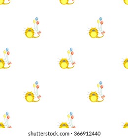 Seamless vector pattern with animals. Cute symmetrical background with red cats and colorful balloons on the white backdrop. Series of Animals and Insects Seamless Patterns.