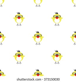 Seamless vector pattern with animals, cute symmetrical background with chikens with glasses and dots. Series of Animals and Insects Seamless Patterns.