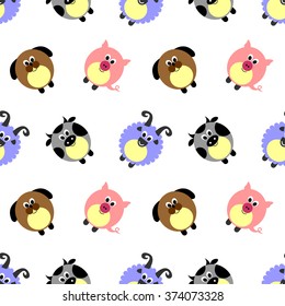 Seamless vector pattern with animals. Cute background with comic pigs, sheeps, dogs and cows on the white backdrop. Series of Animals and Insects Seamless Patterns.