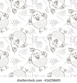 Seamless vector pattern with animals. Cute hand drawn background with chicken and scribble on the white backdrop. Series of Cartoon, Doodle, Sketch Seamless Patterns.