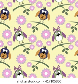 Seamless vector pattern with animals, cute background with birds, flowers and branch with leaves. Series of Animals and Insects Seamless Patterns.