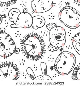 Seamless vector pattern. Animals hand-drawn with felt-tip pen. Tiger, elephant, owl, hare, lion, koala