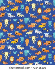 Seamless vector pattern with animals on blue background