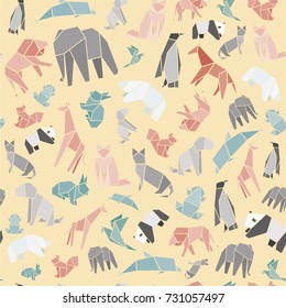 Seamless vector pattern of animals origami. Vector origami paper animals.
