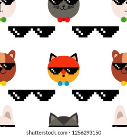 Seamless vector pattern with animals in pixel glasses on white background. Cute cartoon. Can be used for wallpaper, textile, invitation card, wrapping, web page background.