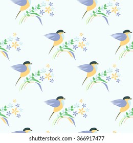 Seamless vector pattern with animals. Symmetrical background with colorful birds, leaves and flowers on the light backdrop. Series of Animals and Insects Seamless Patterns.