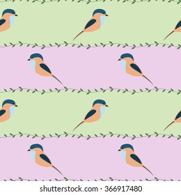 Seamless vector pattern with animals. Symmetrical background with colorful birds and branches on the pink and green backdrop. Series of Animals and Insects Seamless Patterns.
