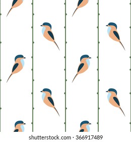 Seamless vector pattern with animals. Symmetrical background with colorful birds and branches on the white backdrop. Series of Animals and Insects Seamless Patterns.