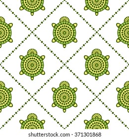 Seamless vector pattern with animals. Symmetrical background with turtles and rhombus on the white backdrop. Series of Animals and Insects Seamless Patterns.