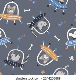 Seamless vector pattern with animals in UFOon dark blue background. Creative hand drawn textures. Vector illustration.