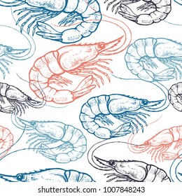 Seamless vector pattern with animals under water. Pink, black and blue shrimp on white background. Vintage engraving art. Hand drawing sketch. Kitchen design with seafood for paper, wallpaper, textile