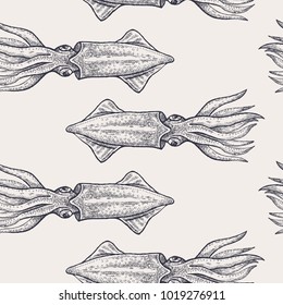 Seamless vector pattern with animals under water. Black squid on pastel background. Vintage engraving art. Hand drawing sketch. Kitchen design with seafood for paper, wrapping, fabrics