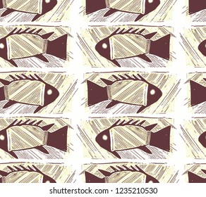 Seamless vector pattern with animals under water. Colored fish on pastel background. Vintage engraving art. Seamless fish pattern. 