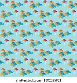 Seamless vector pattern with animals under water. Colored fish on blue background. Vintage engraving art.