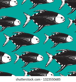 Seamless vector pattern with animals under water. Hand drawn Sea or ocean fish on blue background