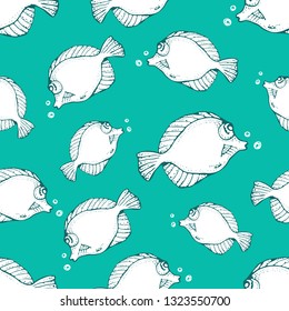 Seamless vector pattern with animals under water. Hand drawn Sea or ocean fish on blue background