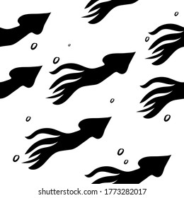 Seamless vector pattern with animals under water. Black squid. Vintage engraving art. Hand drawing sketch. Kitchen design with seafood for paper, wrapping, fabrics