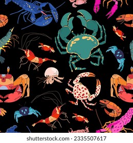 Seamless vector pattern with animals under water. Colored crabs, shrimps, lobster, crayfish on black background. Hand drawing sketch illustration for kitchen cover, fabric, wallpaper or wrapping paper