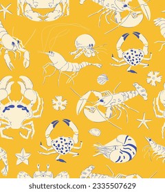 Seamless vector pattern with animals under water. Crab, shrimp, lobster, crayfish on yellow background. Hand drawing sketch illustration for kitchen cover, fabric, wallpaper or wrapping paper, textile