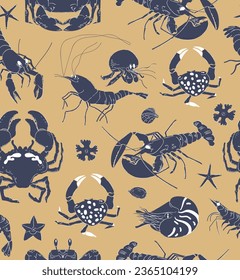 Seamless vector pattern with animals under water. Crab, shrimp, lobster, crayfish on beige background. Hand drawing sketch illustration for kitchen cover, fabric, wallpaper or wrapping paper, textile