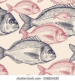 Seamless Vector Pattern With Animals Under Water. Colored Fish On Pastel Background. Vintage Engraving Art. Black And Pink Hand Drawing Sketch. Kitchen Design With Seafood For Paper, Wrapping, Fabrics