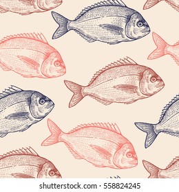 Seamless vector pattern with animals under water. Colored fish on pastel background. Vintage engraving art. Black and Pink hand drawing sketch. Kitchen design with seafood for paper, wrapping, fabrics