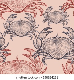 Seamless vector pattern with animals under water. Colored crabs on pastel background. Vintage engraving art. Hand drawing sketch seafood. Kitchen design paper, wrapping, fabrics. Black and Pink.