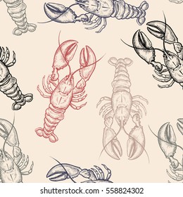 Seamless vector pattern with animals under water. Colored lobsters on pastel background. Vintage engraving art. Hand drawing sketch seafood. Kitchen design paper, wrapping, fabrics. Black and Pink.