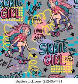 Padrão de vetor sem costura com Anime menina com skate, cabelo rosa, headphones.Teenager menina ilustração fundo