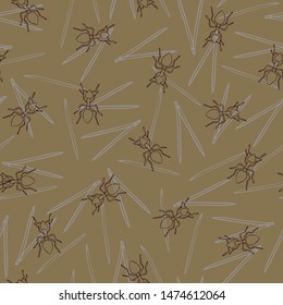 Seamless vector pattern with ant nest. Light brown wallpaper with ants and thorns. Simple modern wallpaper design with animal nest.