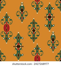 Seamless vector pattern with antique royal design on yellow background. Damask baroque wallpaper. Decorative vintage luxury fashion textile.