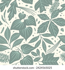 Seamless vector pattern with Appalachian Mountains native plants including ginseng, wild yam, hickory, white pine, hemlock, Douglas fir, tulip poplar, smilax, oak, sumac, and blueberry. 