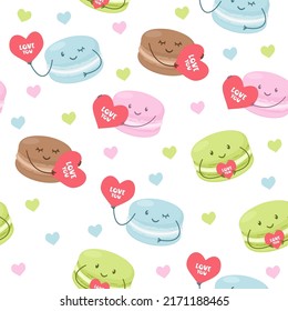 Seamless vector pattern. Appetizing macaroons in love. Cake characters, hugging and holding hands. Pattern for Valentine's Day or for a pastry shop 