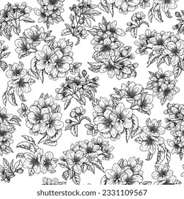 Seamless vector pattern apple blossom in engraving style