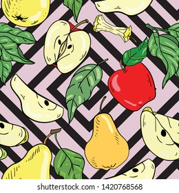 Seamless vector pattern with apple, part, slice and branch with leaves on geometrical background. Wallpaper, fabric and textile design. Good for printing. Cute wrapping paper pattern with fruits.