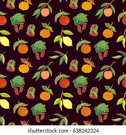  Seamless vector pattern with apple pear lemon red currant and peach fruits on black background