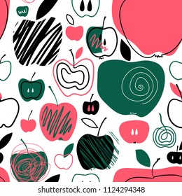 Seamless vector pattern with apple. Summer background in scandinavian style.