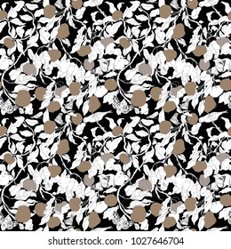 seamless vector pattern with apple tree branches, leaves and insects, butterflies, grasshopper, birds on black background